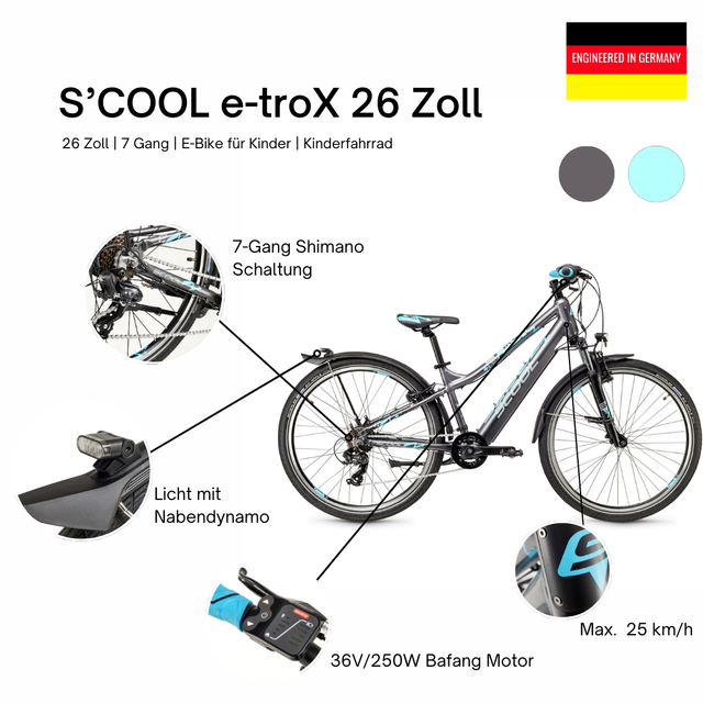 S'COOL S'COOL Junior Bikes E-Kinderfahrrad e-troX 26 Zoll 7-Gang Grey/blue &vert; fahrrad.de Online