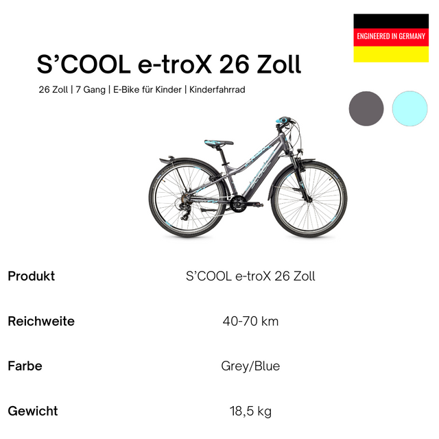 S'COOL S'COOL Junior Bikes E-Kinderfahrrad e-troX 26 Zoll 7-Gang Grey/blue &vert; fahrrad.de Online